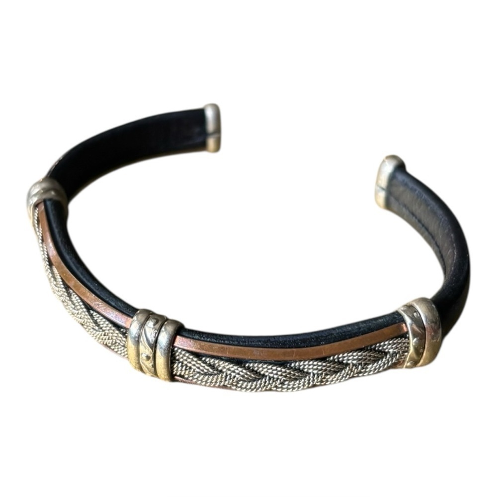 Copper & Silver Black Leather Wrapped Braided Cuff Bracelet Adjustable